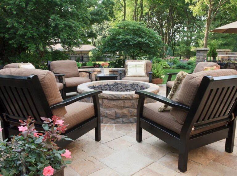 custom stone tile patio with custom brick outdoor firepit 1 768x573